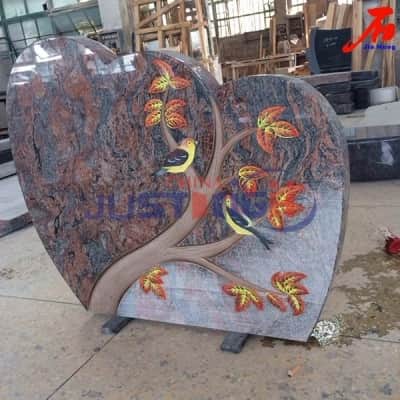 Himalaya blue granite gravestone with etching colorful bird and trees
