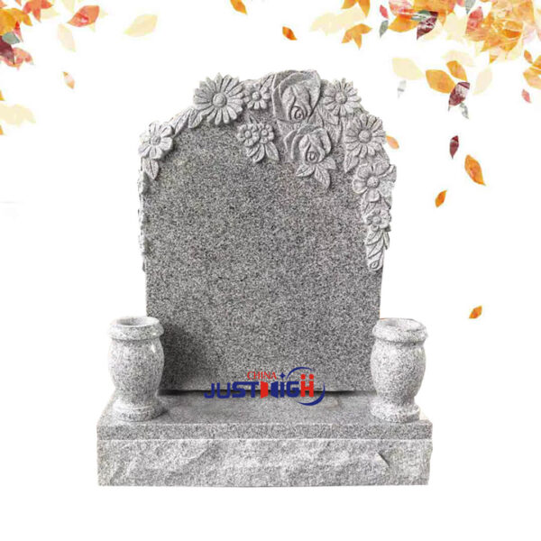 flower carving with vase granite upright headstone