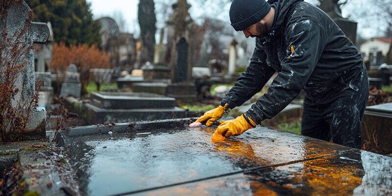 A_worker_is_cleaning_a_stained_tombstone_in_a_cemetery