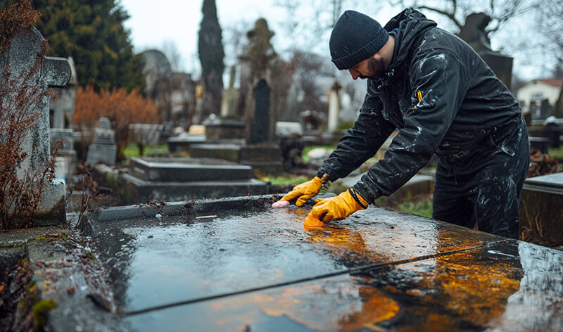 A_worker_is_cleaning_a_stained_tombstone_in_a_cemetery