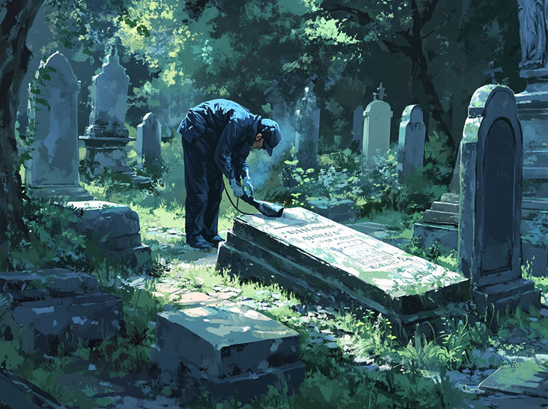a_worker_cleaning_a_tombstone