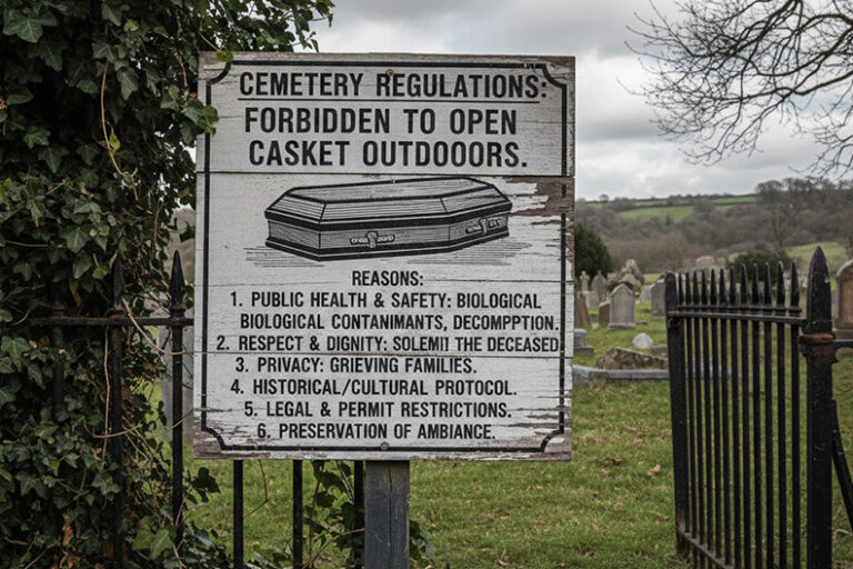 What are the reasons cemeteries might have rules against opening a casket outdoors2