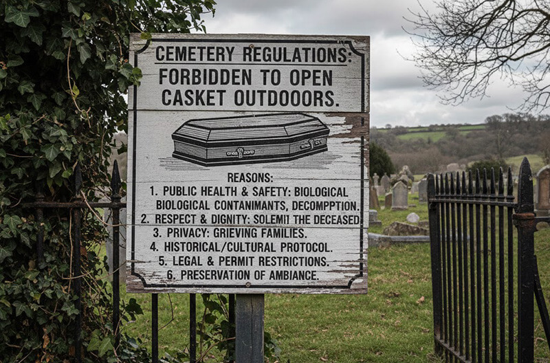What are the reasons cemeteries might have rules against opening a casket outdoors2