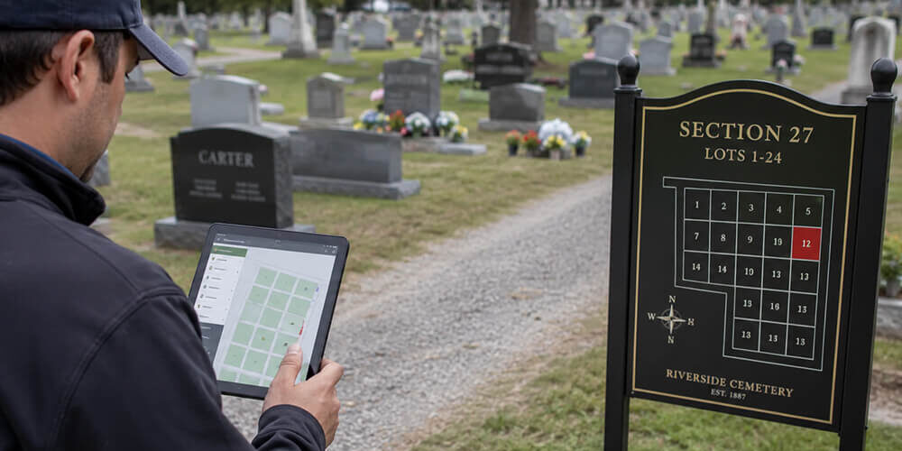 How do cemeteries determine the exact location of each burial plot