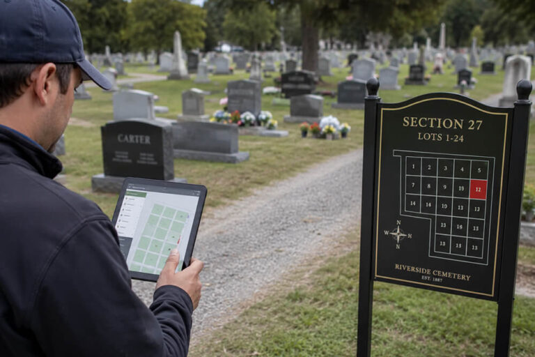 How do cemeteries determine the exact location of each burial plot