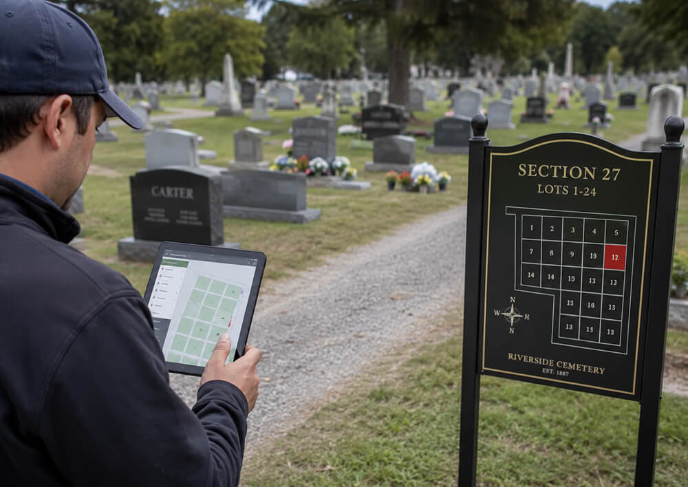 How do cemeteries determine the exact location of each burial plot